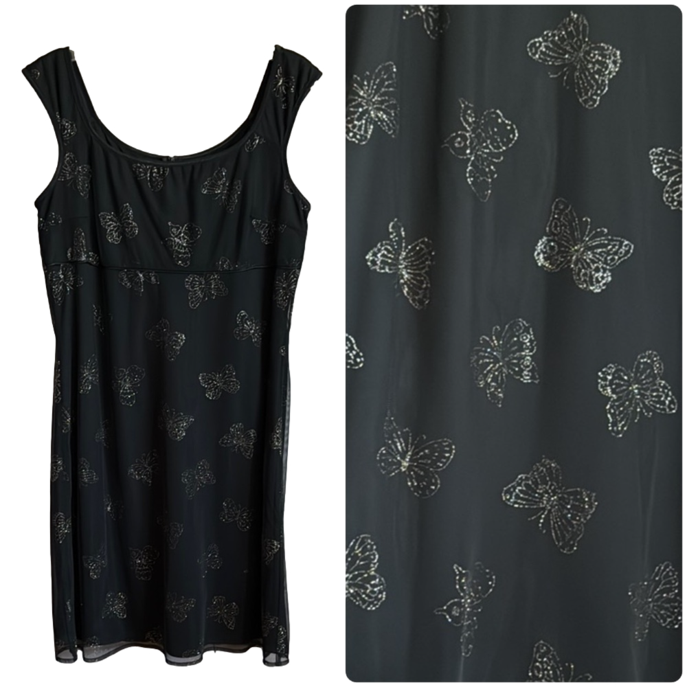 Y2K Vintage 90s Black Mini Dress with Silver Glitter Butterfly Print 14 Large